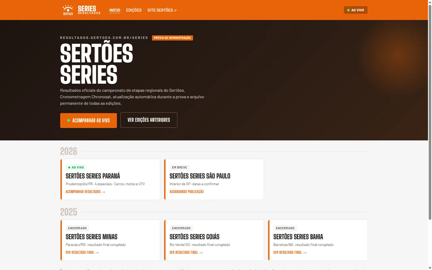 Site de resultados do Sertões Series com edições ao vivo e encerradas