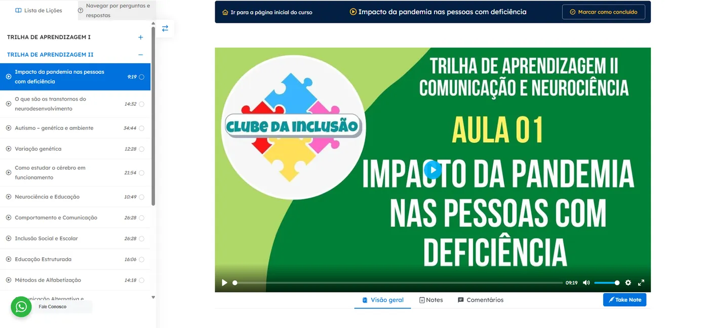 Player de aula da plataforma do Clube da Inclusão com vídeo e trilha de aprendizagem