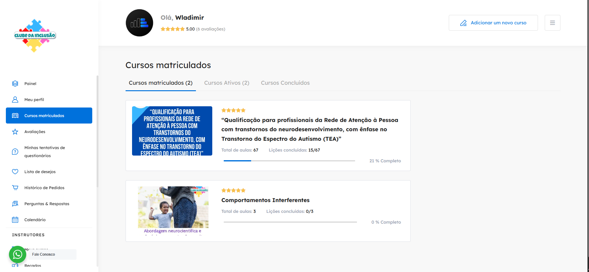 Perfil do aluno do Clube da Inclusão com cursos matriculados