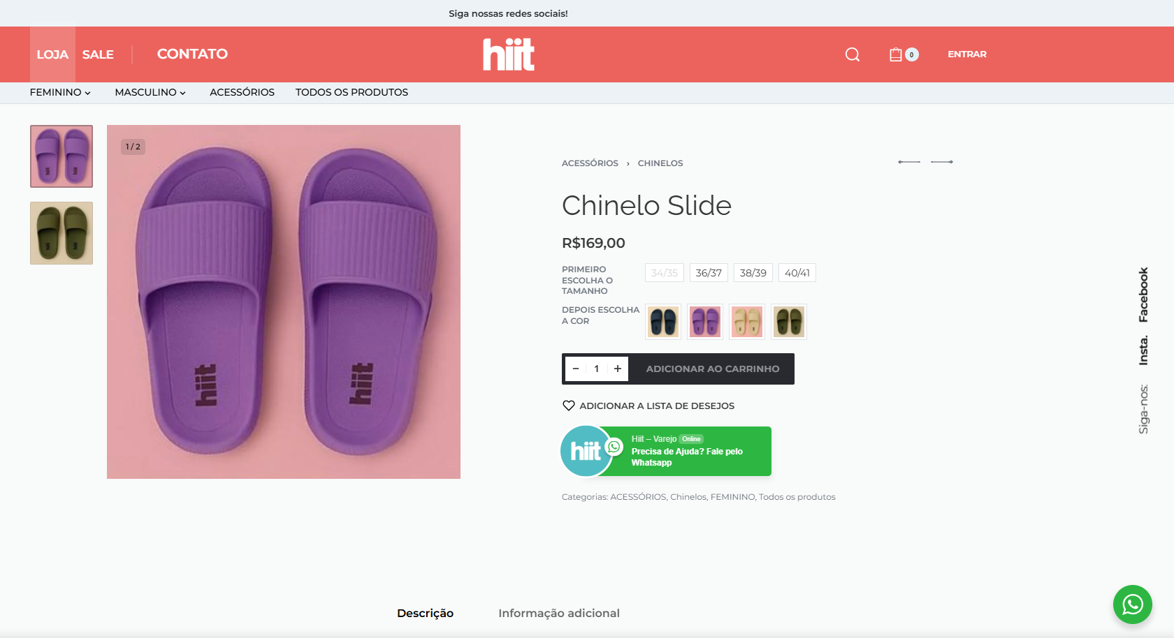 Página de produto com seleção de cor, tamanho, parcelamento e CTA de WhatsApp