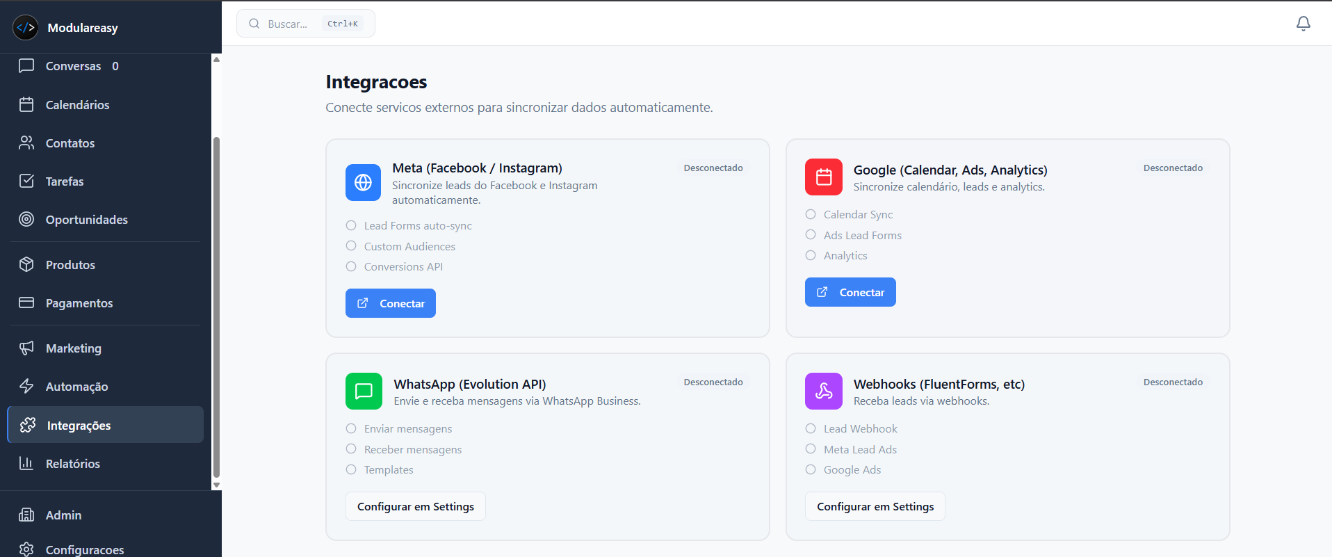 Tela de Integrações do ModularCRM com Meta, Google, WhatsApp e Webhooks