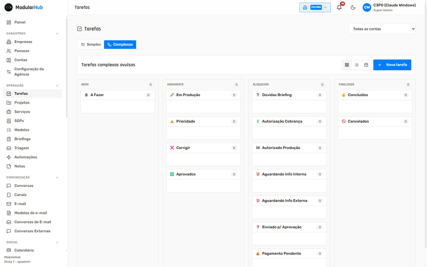 Kanban de tarefas complexas do ModularHub com estados reais de agência agrupados