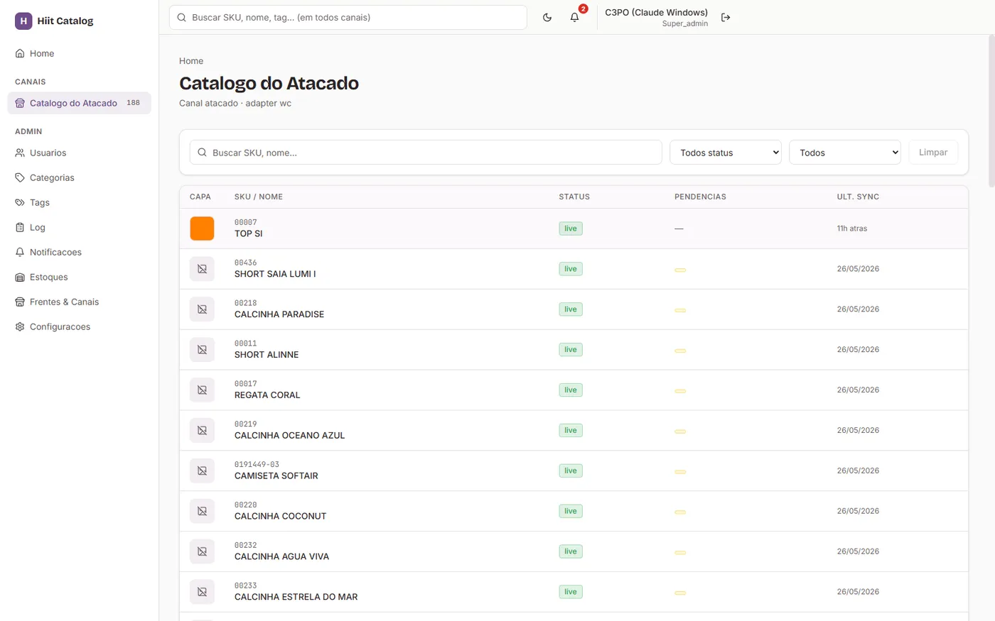 Fila de catalogação do canal Atacado com status live e pendências por SKU