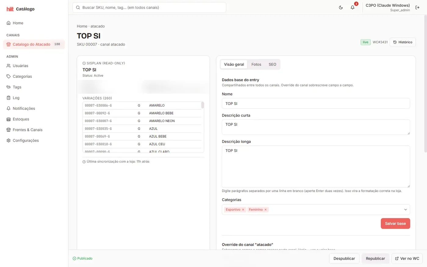 Ficha de produto da Vitrine Hiit com dados do Sisplan, 260 variações e editor por canal